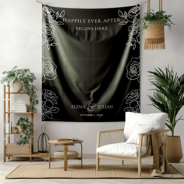 Tenture Modern Black & White French Roses Wedding Tapestry (Créateur téléchargé)