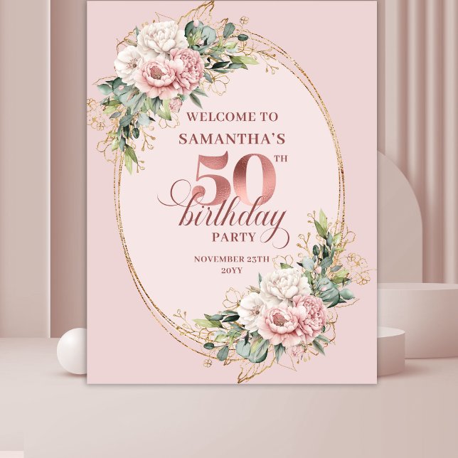 Tenture Modern Blush Pink Botanical 50th Birthday Backdrop (Modern Blush Pink Botanical 50th Birthday Backdrop)