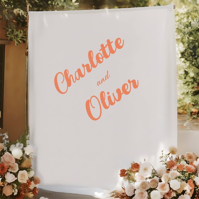 Tenture Modern Coral Orange Couple Names Wedding Backdrop (Créateur téléchargé)