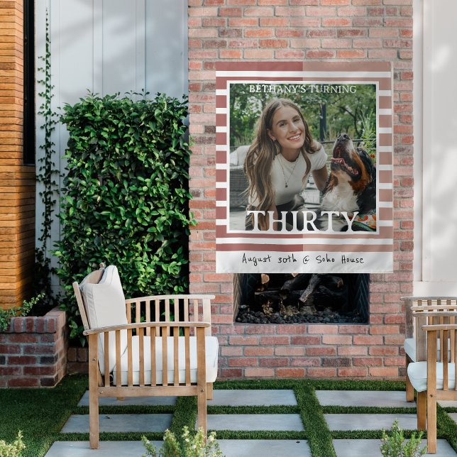 Tenture Modern Minimalist Striped 30th Birthday Photo (Celebrate the beginning of a new decade with this Modern Minimalist Striped 30th Birthday Tapestry!)