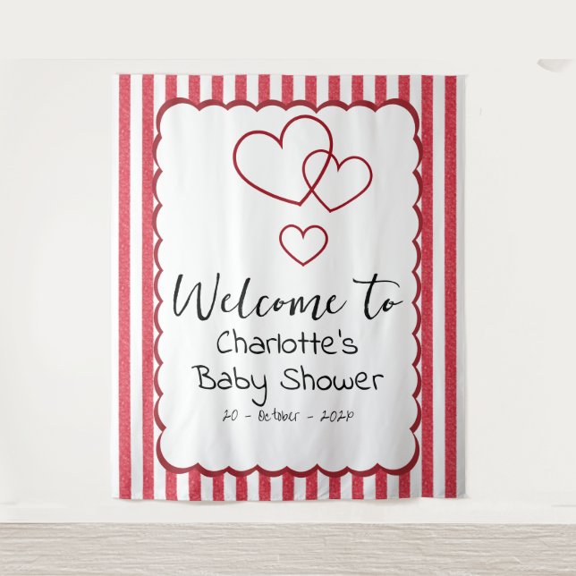 Tenture Modern Red Chalk Stripes Triple Hearts Baby Shower (Devant)