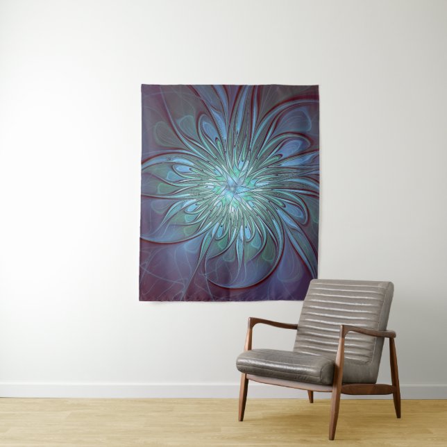 Tenture Moderne Abstrait tendance Fleur bleue Fractal Art (En situation)