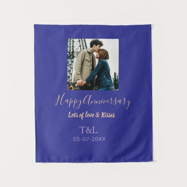 Tenture Moderne boho joyeux anniversaire ajouter nom bleu  (Devant)