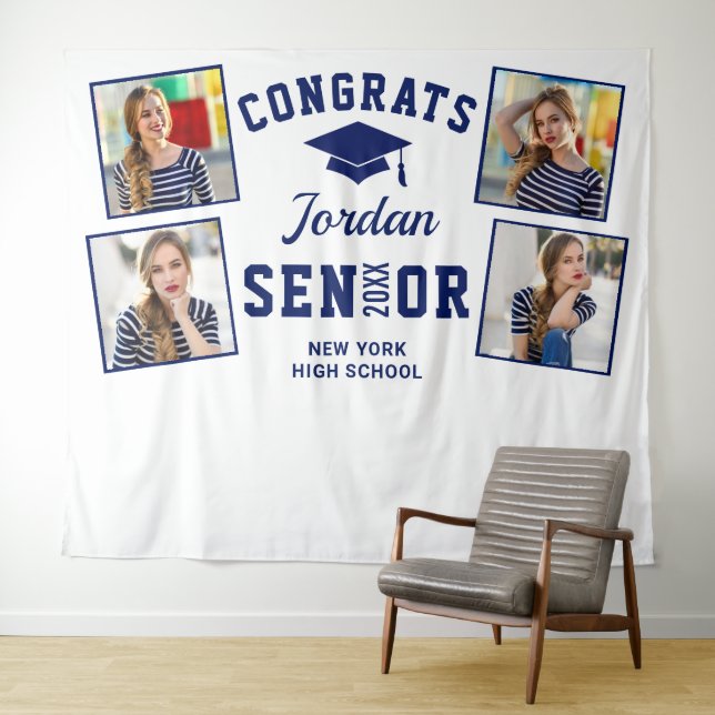 Tenture Moderne Golden Navy Graduation Photo Booth Backdro (En situation (horizontale))