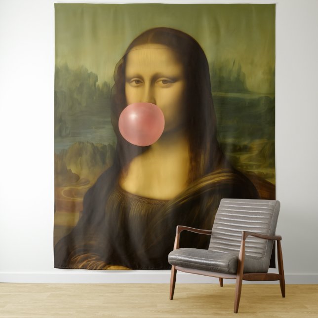 Tenture Mona Lisa soufflant de bulle rose (En situation)