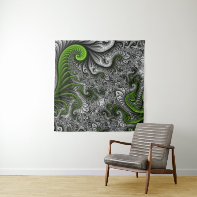 Tenture Monde Fantastique Art Fractal Abstrait Vert Et Gri (En situation)