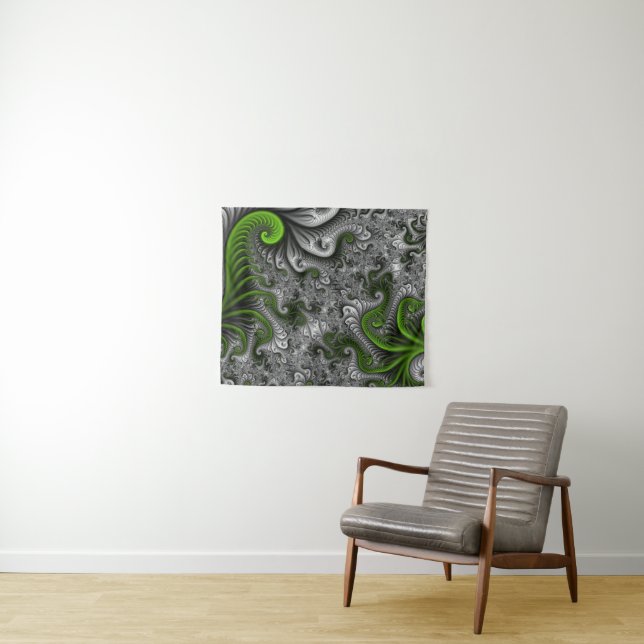 Tenture Monde Fantastique Art Fractal Abstrait Vert Et Gri (En situation (horizontale))