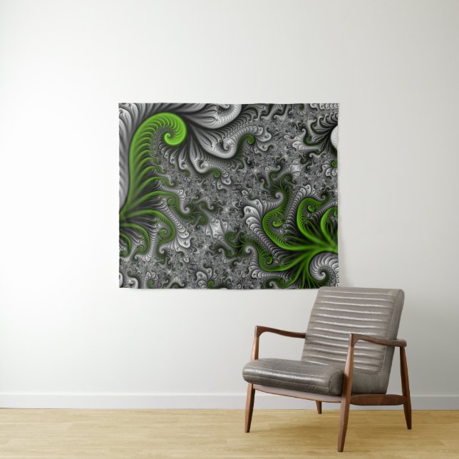 Tenture Monde Fantastique Art Fractal Abstrait Vert Et Gri (En situation (horizontale))