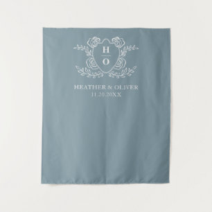 Tenture Monogramme floral de crête vintage bleu poussiéreu
