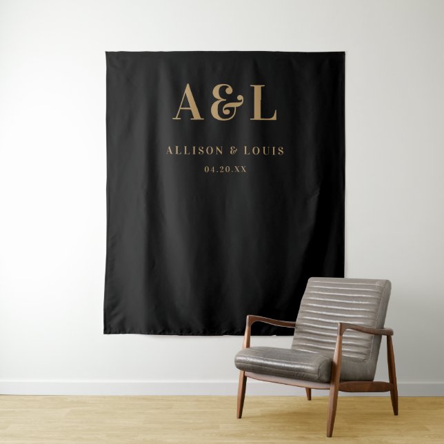 Tenture Monogramme mariage minimaliste Black Gold (En situation)