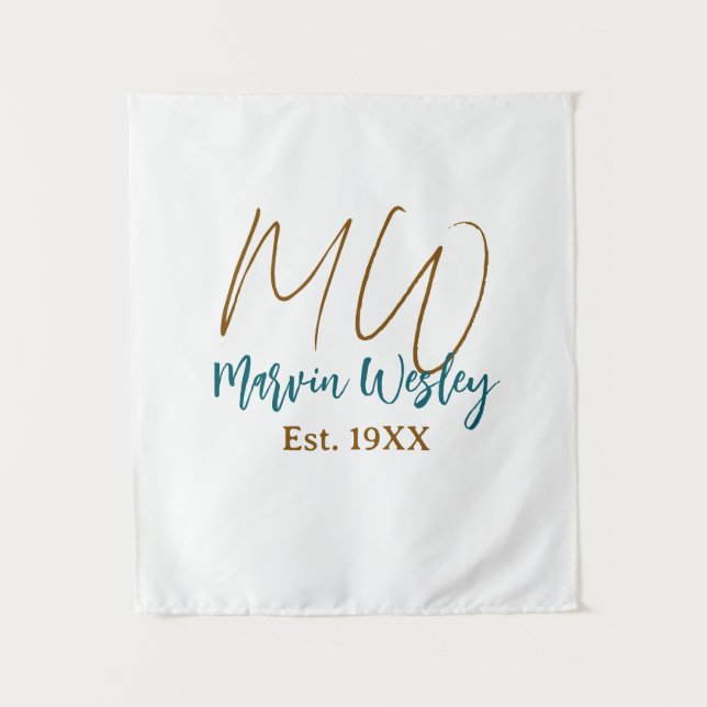 Tenture Monogramme marron bleu turquoise année simple mini (Devant)