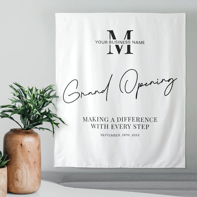 Tenture Monogramme minimaliste Affaires Grand Ouverture (Modern business Grand Opening event branded tapestry in black & white with your monogram)