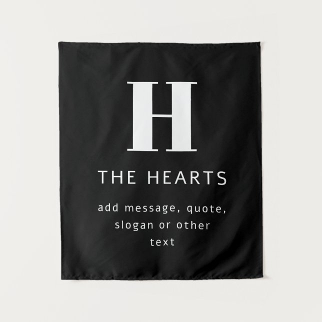 Tenture Monogramme Moderne Modifiable Nom & Message | Noir (Devant)