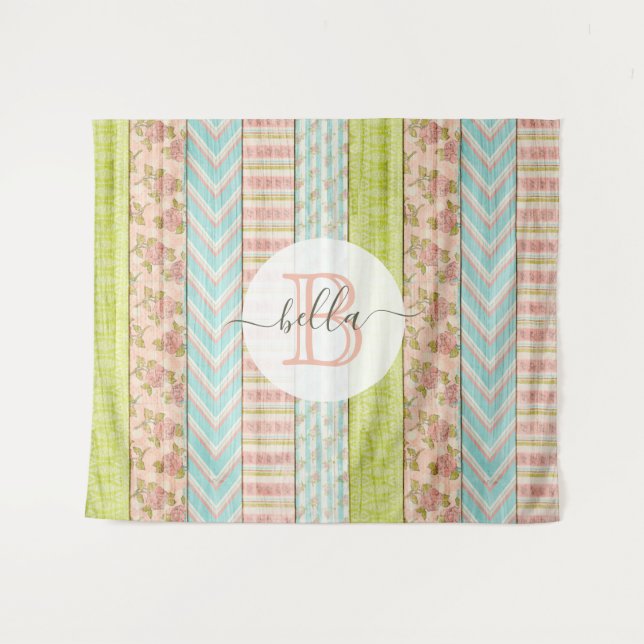 Tenture Monogramme personnalisé avec roses en style shabby (Devant (Horizontal))