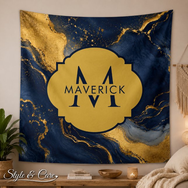 Tenture Monogramme sur marbre abstrait NavyGold FluidArt (Monogram Name on NavyGold Abstract Marble FluidArt Tapestry)