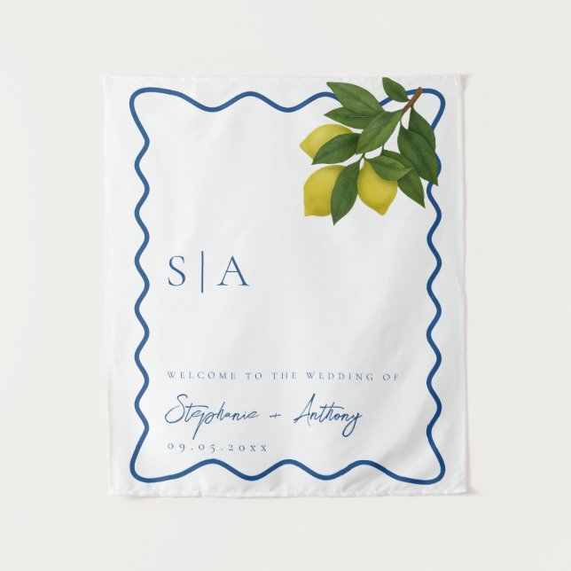 Tenture Monogrammes Citron Citrus, Bordure Blue Wave Maria (Devant)