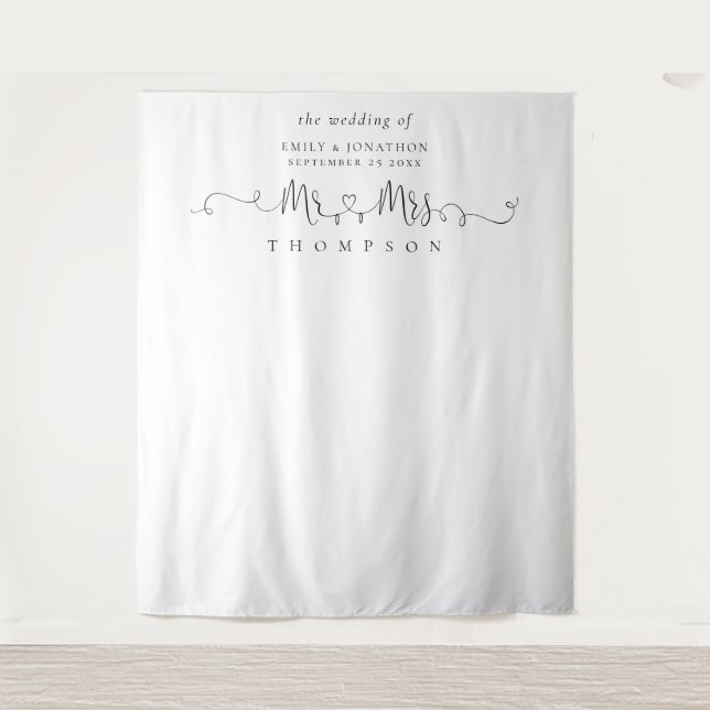 Tenture Monsieur Madame Nom Bagues Cœur Script Fond de Pho (Devant)