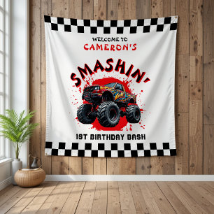 Tenture Monster Truck Smash À damiers 1er anniversaire Bie