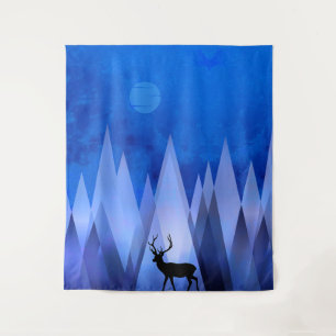 TENTURE MONTAGNES GÉOMÉTRIQUES BLEUES CERF