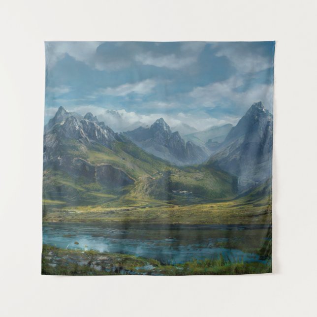 Tenture Montagnes pâturage de l'herbe de rivière (Devant)