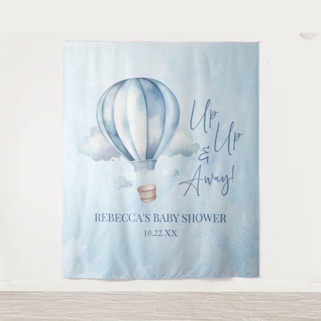 Tenture Montez et partez ! Baby shower Blue Hot Air Balloo (Devant)