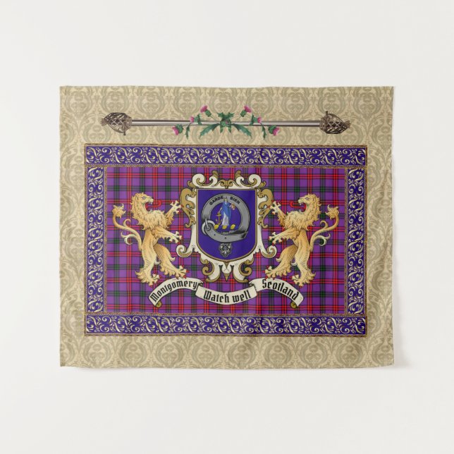 Tenture Montgomery Clan Badge & Tartan avec Lions (Devant (Horizontal))