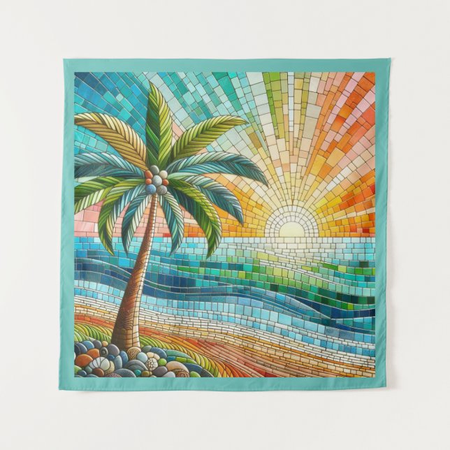 Tenture Mosaic Tropical Beach Coucher de soleil Palm Tree  (Devant)