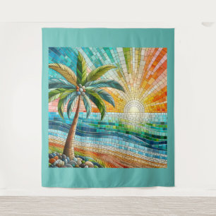 Tenture Mosaic Tropical Plage Coucher de soleil Palm Tree