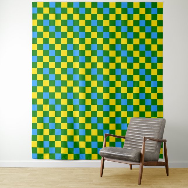 Tenture Motif à carreaux bleu jaune vert  (En situation)