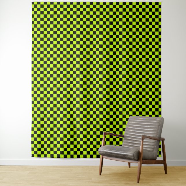 Tenture Motif à carreaux noir et vert acide (En situation)
