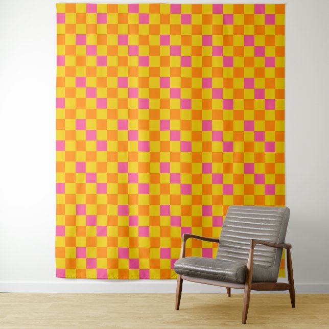 Tenture Motif à carreaux orange jaune rose  (En situation)