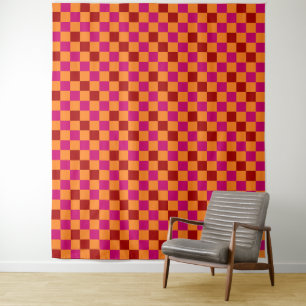 Tenture Motif à carreaux rouge orange rose