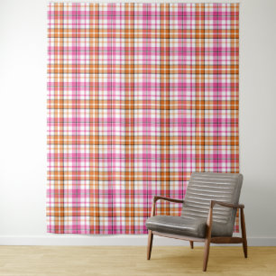 Tenture Motif à carreaux tartan blanc rose orange