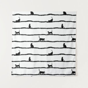 Tenture Motif Abstrait à Rayures et Silhouette de Chat Des