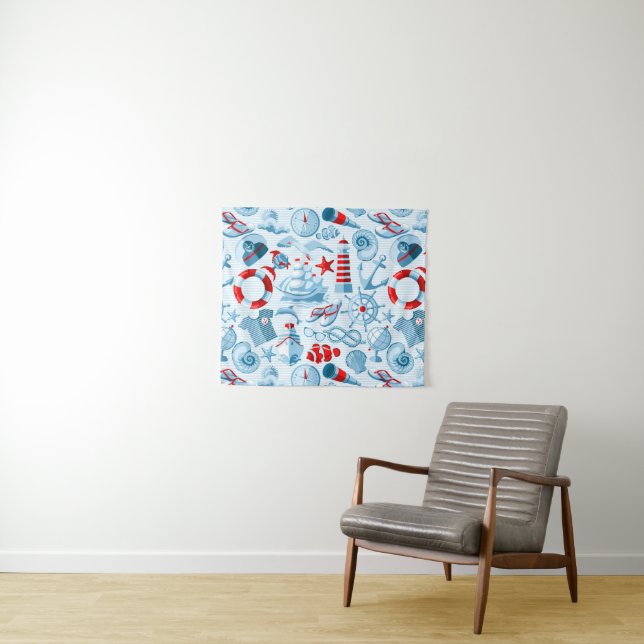 Tenture Motif blanc et bleu rouge nautique (En situation (horizontale))