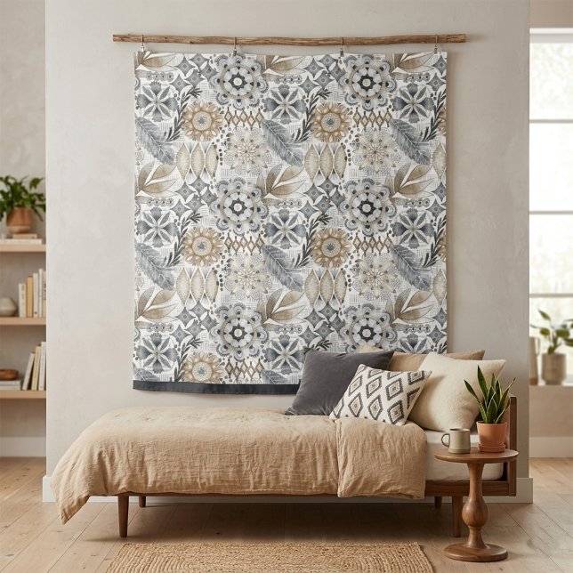 Tenture Motif Bohème Botanique Gris Terre Cuite Clair (Créateur téléchargé)