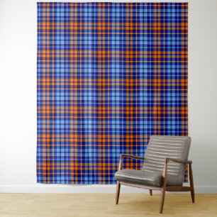 Tenture Motif carreau tartan bleu marine orange cyan