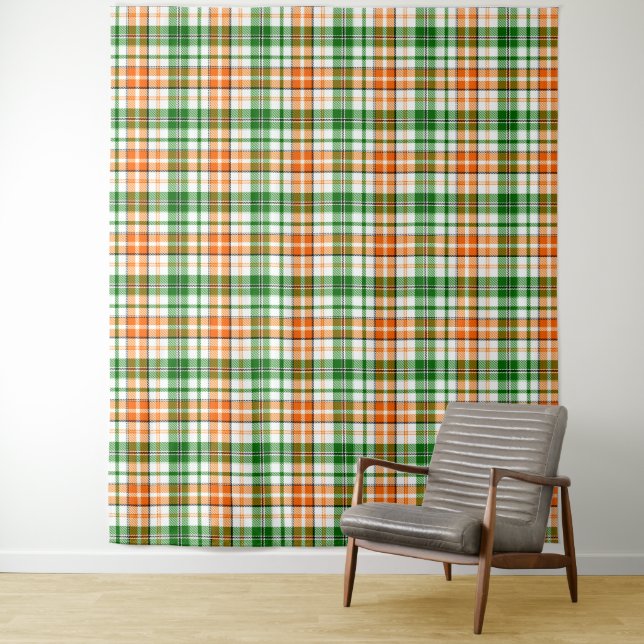 Tenture Motif carreau tartan vert orange blanc (En situation)