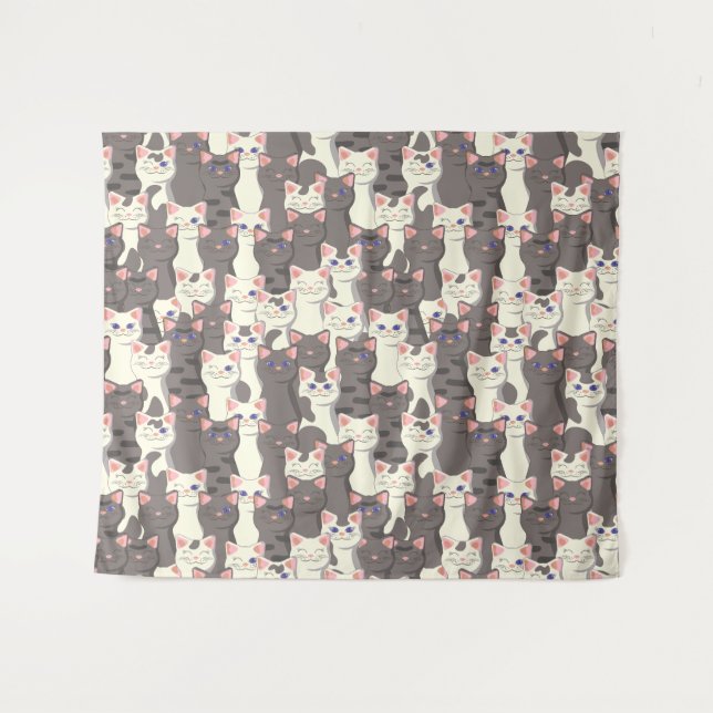 Tenture Motif de chats blancs et gris (Devant (Horizontal))