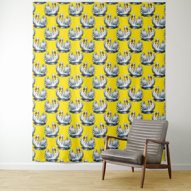 Tenture Motif de cygnes sur fond jaune (En situation)