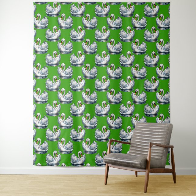 Tenture Motif de cygnes sur fond vert  (En situation)