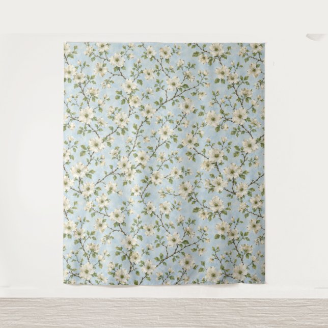 Tenture Motif de fleur de cornouiller du Sud sur fond bleu (Devant)