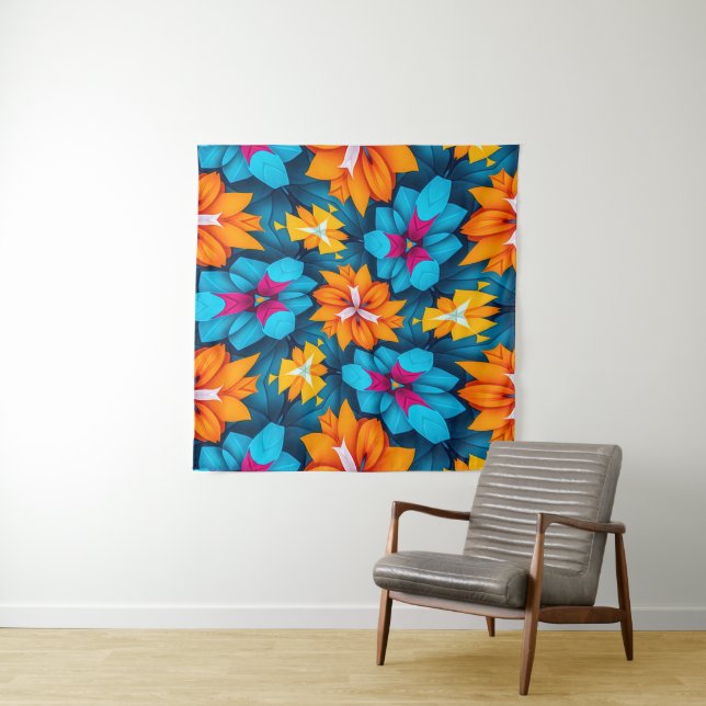 Tenture Motif de fleurs bleues et orange (En situation)