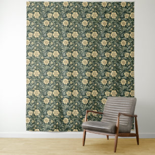 Tenture Motif de fleurs jaunes stylisées vert foncé