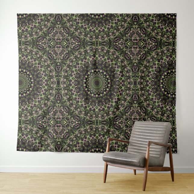 Tenture Motif de mandala kaléidoscope vert et noir (En situation (horizontale))