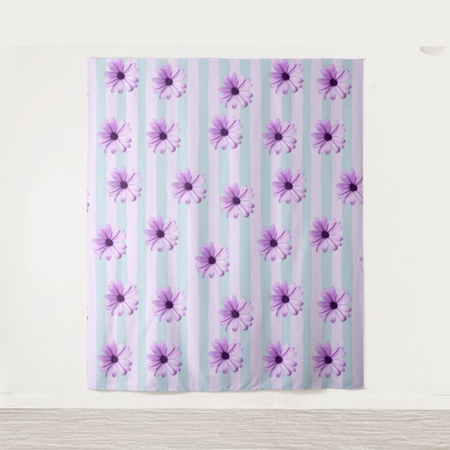 Tenture motif de marguerite rayée de bleu et de violet (Devant)