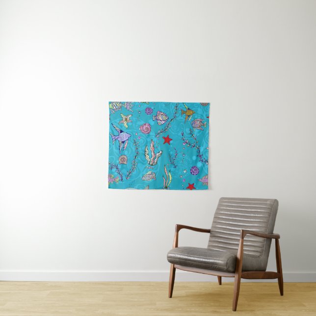 Tenture Motif de poisson turquoise (En situation (horizontale))