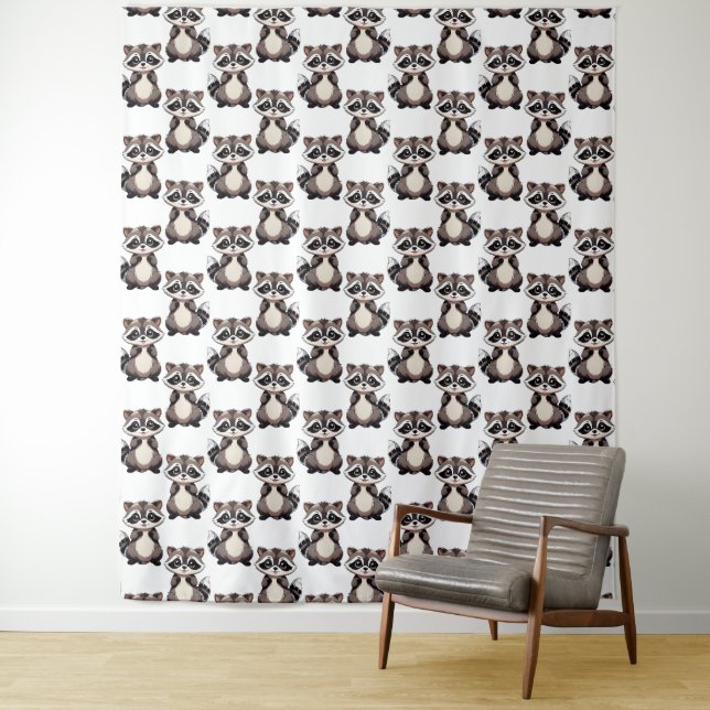 Tenture Motif de Raton Laveur Design Blanc  (En situation)