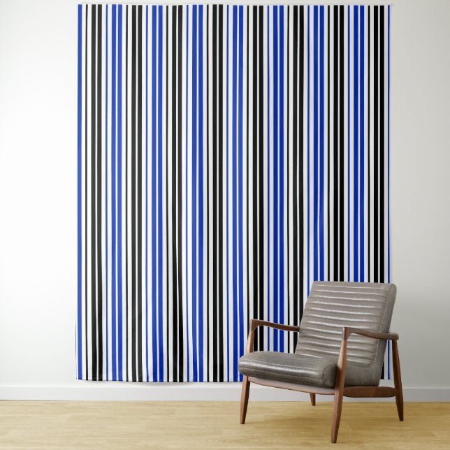 Tenture Motif de rayures blanches noires bleues  (En situation)