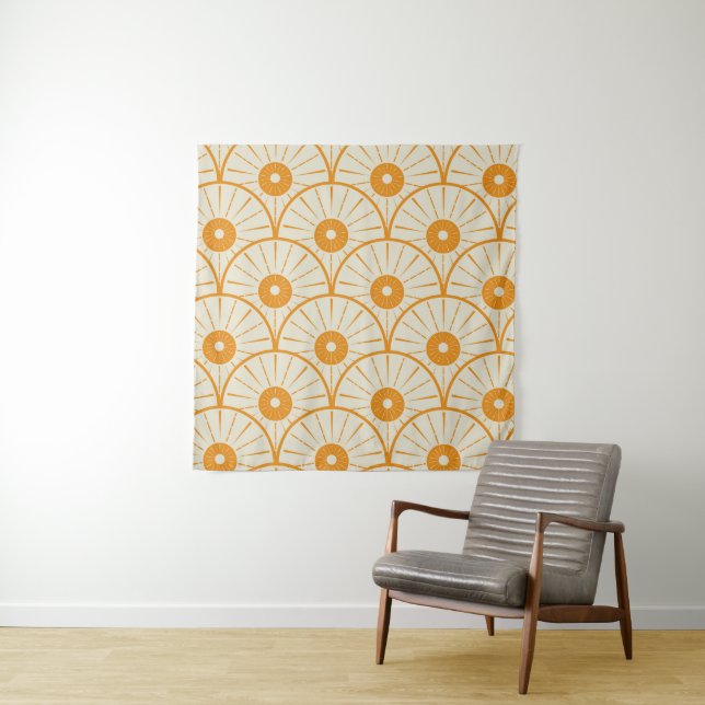Tenture Motif de soleil abstrait Art Déco orange (En situation)